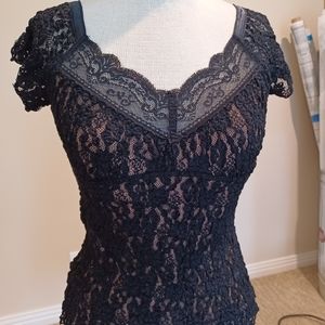 Cabi stretch lace cami, black w/nude lining.  Size SM.